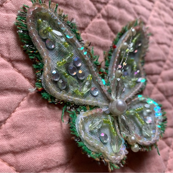 VINTAGE - Green fabric butterfly brooch - pin - with beads and rhinestones - Picture 2 of 6